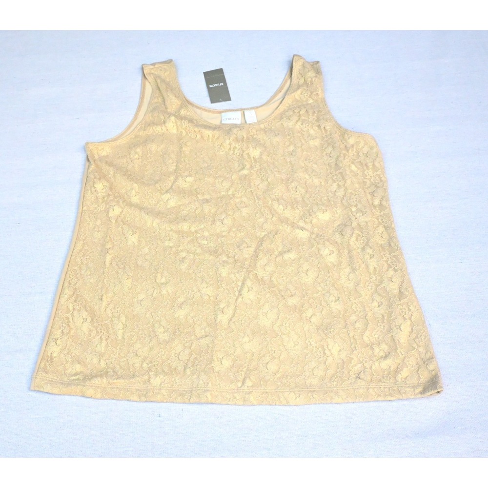 Chicos Womens 3 XL Beige Floral Lace Front Tank Top Scoop Neck Stretch Knit NWT